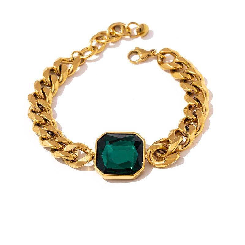 gold plated jewelry bracelet with green crystal diamond