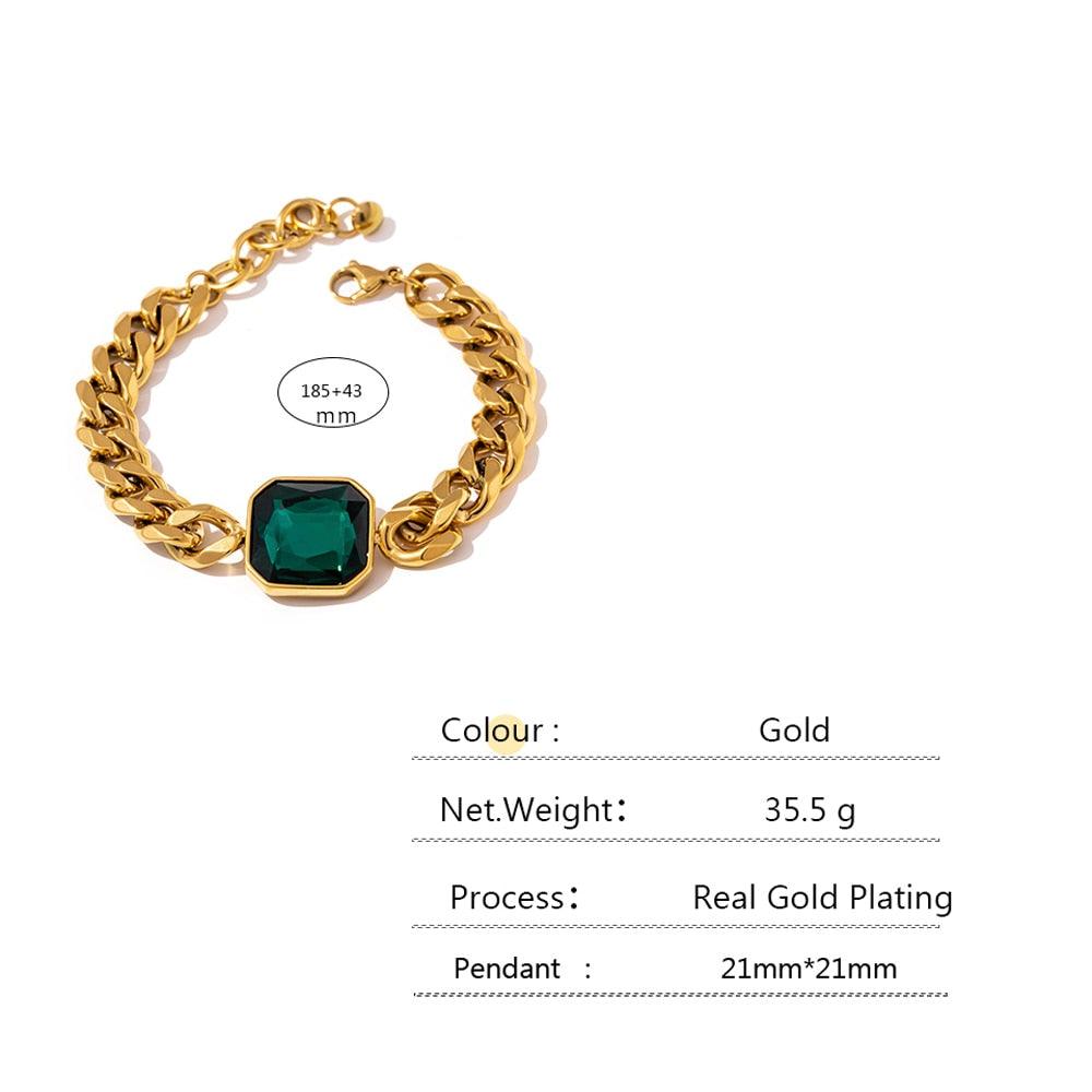 gold plated jewelry bracelet with green crystal diamond