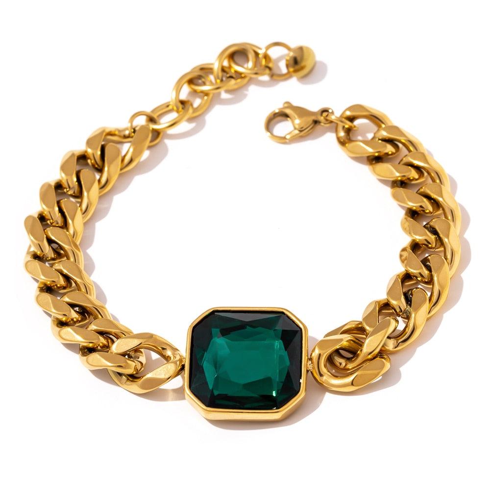 gold plated jewelry bracelet with green crystal diamond