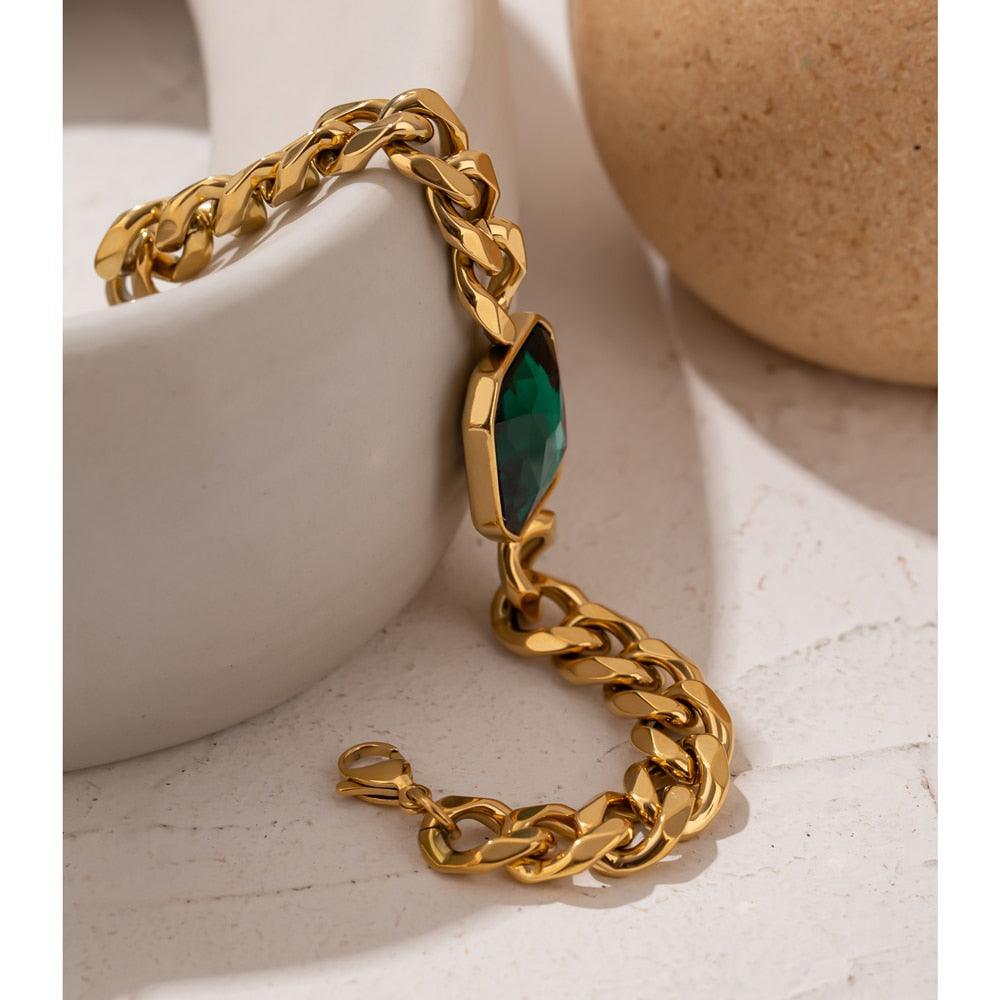 gold plated jewelry bracelet with green crystal diamond