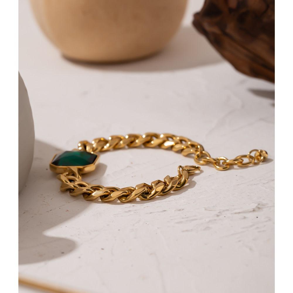 gold plated jewelry bracelet with green crystal diamond