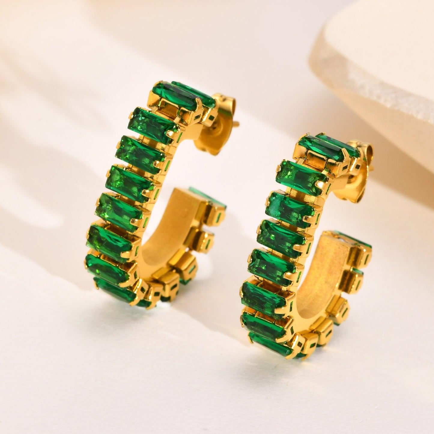 green crystal earrings stainless steel gold plated in 18k gold