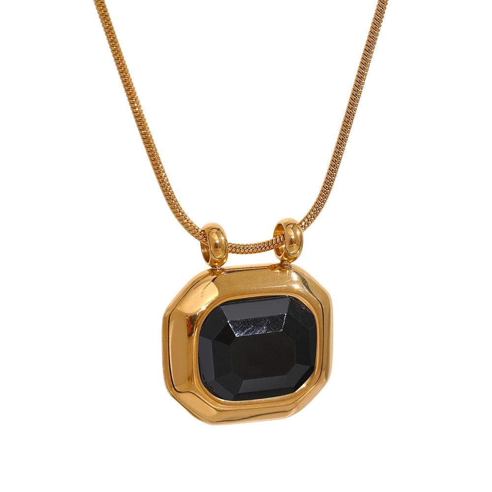 luxurious crystal black stone gold-plated stainless steel necklace