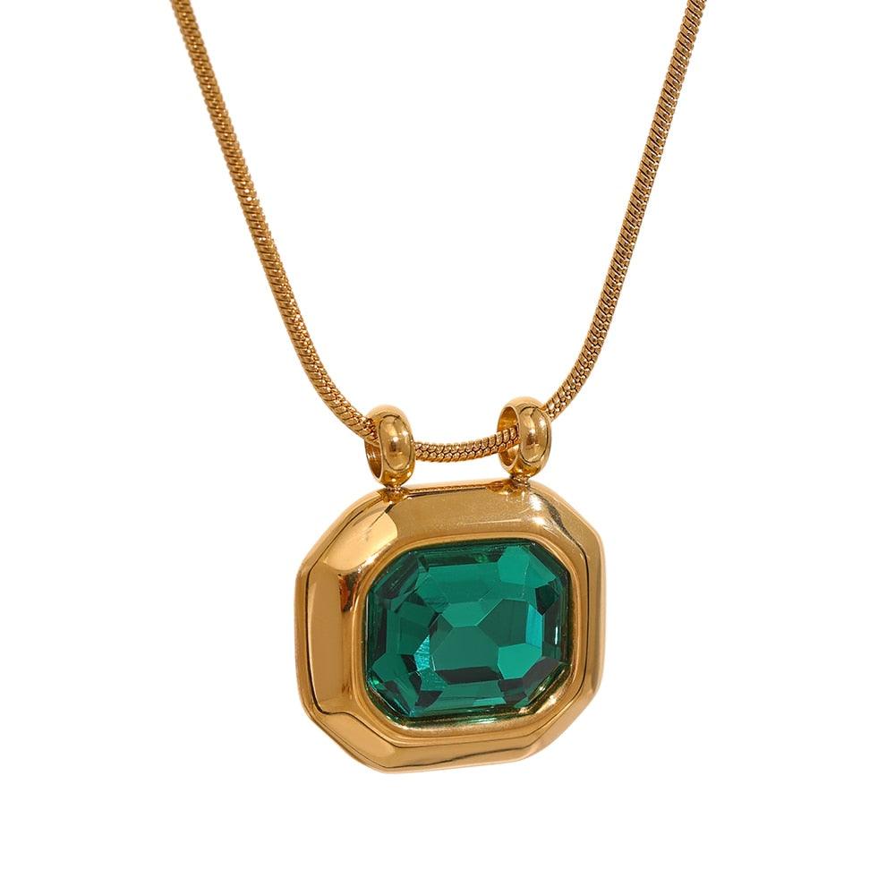 luxurious crystal green stone gold-plated stainless steel necklace