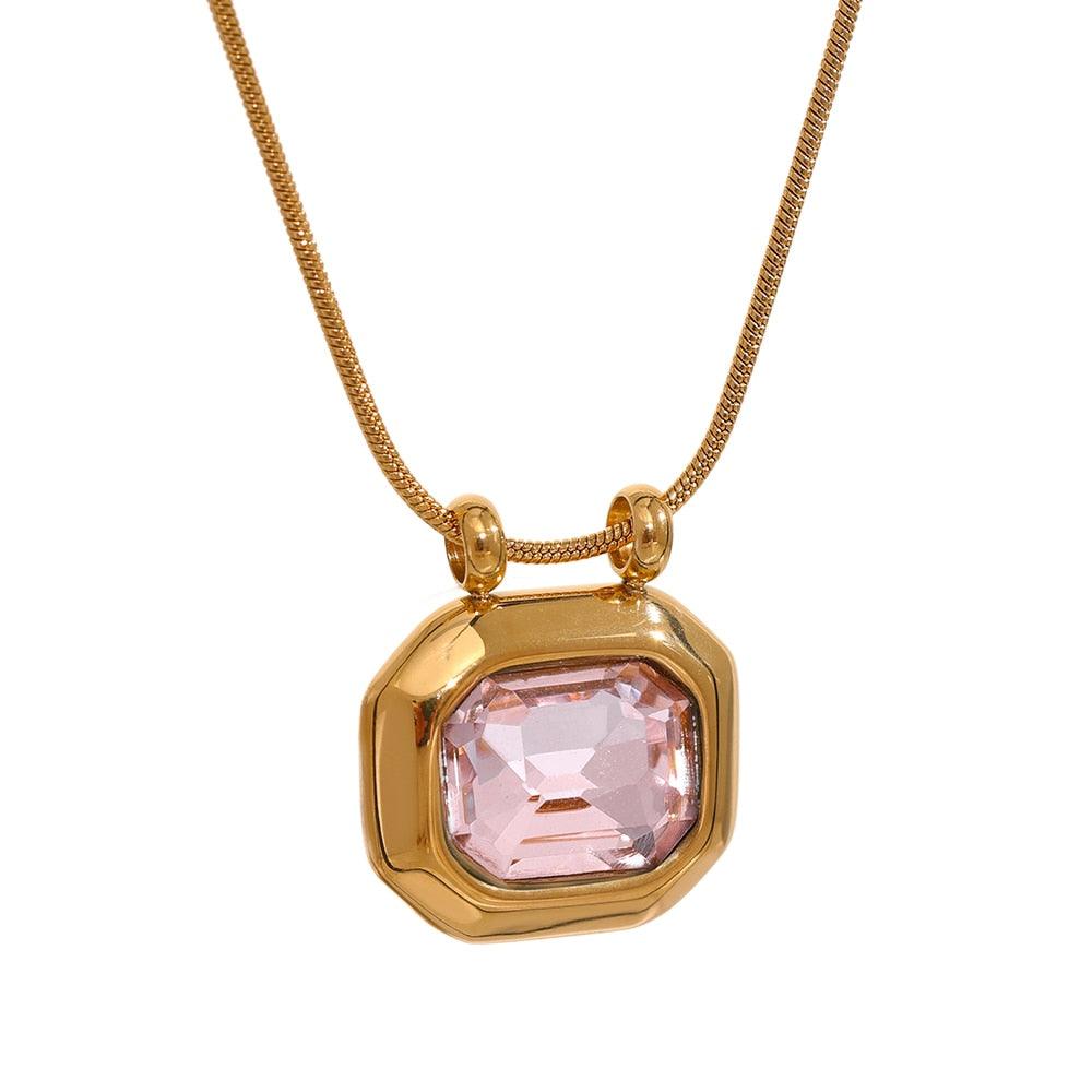 luxurious crystal pink stone gold-plated stainless steel necklace