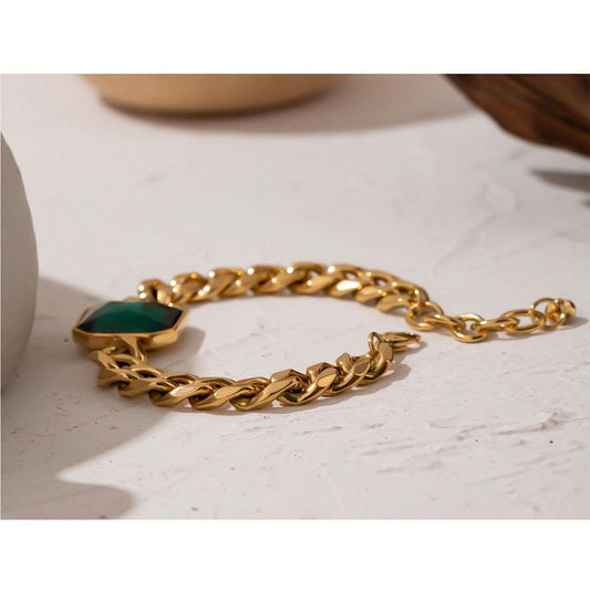 gold plated jewelry bracelet with green crystal diamond